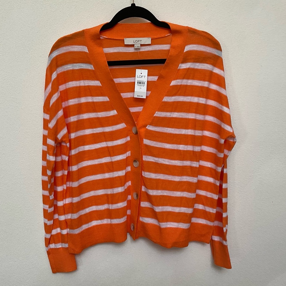 NWT Loft Orange, White Striped Button Front Cardigan Size Medium Spring Light